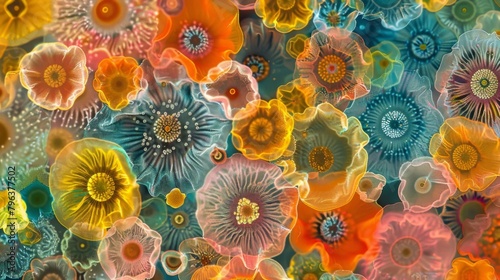 An array of pollen grains tered across a background of colorful flowers. Each grain is uniquely shaped and colored representing the