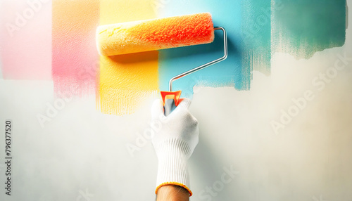 A close-up of a painter's hand in a white glove painting a wall with a colored paint roller, new home concept