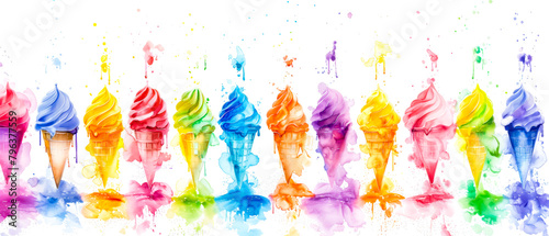 Seamless pattern of watercolor ice cream cones. Multicolored assorted frozen sweet dessert. Melted ice cream with streaks. White background. Wallpaper, banner concept.