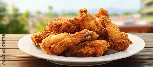 Plate of crispy fried chicken on table photo