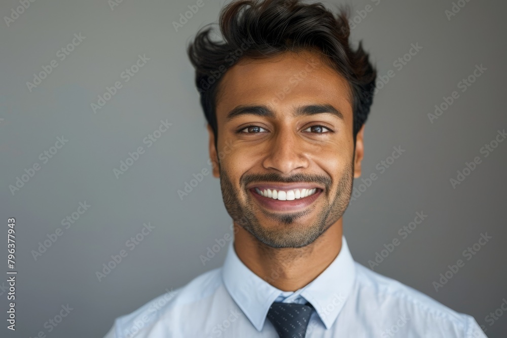 business, office worker and people concept - smiling indian businessman in shirt with tie over grey background. Beautiful simple AI generated image in 4K, unique. business, office worker and people concept - smiling indian businessman in shirt with tie over grey background. Beautiful simple AI generated image in 4K, unique.
