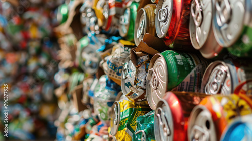 Stack of recycled materials, such as cardboard, aluminum cans, and plastic bottles, ready for processing and reuse