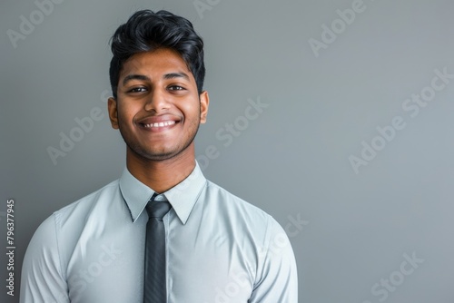 business, office worker and people concept - smiling indian businessman in shirt with tie over grey background. Beautiful simple AI generated image in 4K, unique. photo