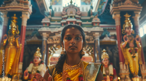 A woman holds an upright position at the Main Festival of Thaipusam inside a majestic Hindu temple, the backdrop is decorated with statues of deities and shining decorations, Ai generated Images photo