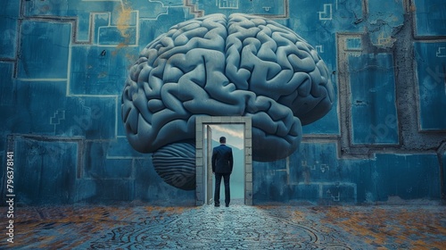 Navigating Complexity: Surreal Image of a Businessman at an Open Door in a Labyrinth Shaped Like a Human Brain, Set Against a Blue Wall, Symbolizing AI and Innovation Exploration