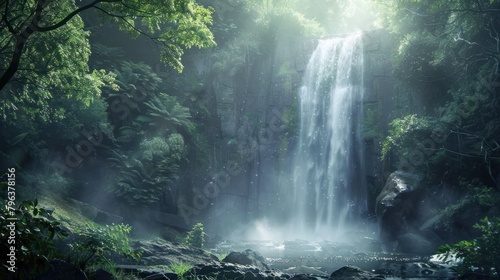 A mystical waterfall hidden within a lush forest, with mist rising from the base of the waterfall, creating a dreamlike atmosphere 