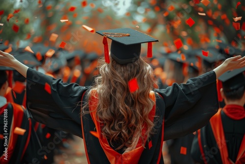 An exuberant graduate raises her arms amidst a shower of red confetti during the ceremony photo