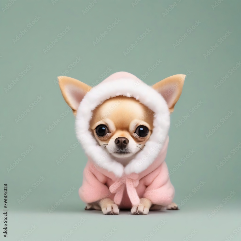 Cute Chihuahua dog stuffed toy wear winter cloth standing, isolated on pastel background