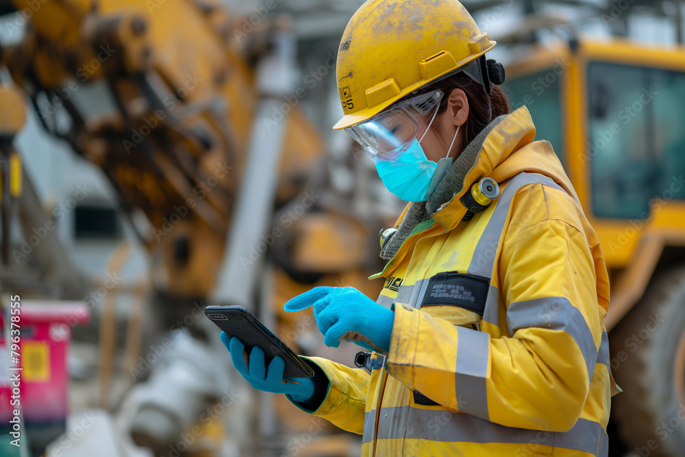 A photo of an woman in safety gear, using her tablet to focus on the construction site's machinery and equipment