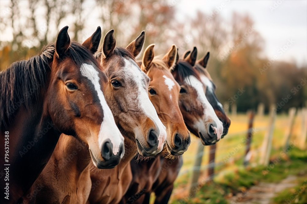 Group of five horses standing in a row Group of five horses standing in a row