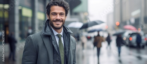 Man in formal attire enduring rain photo