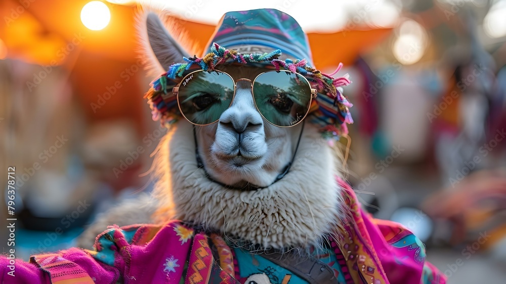 Fototapeta premium Adorable llamas in Peru flaunting sunglasses, costumes, and hats. Concept Llamas in Sunglasses, Llama Costumes, Llama Hats, Peruvian Llama Style, Andean Llama Fashion