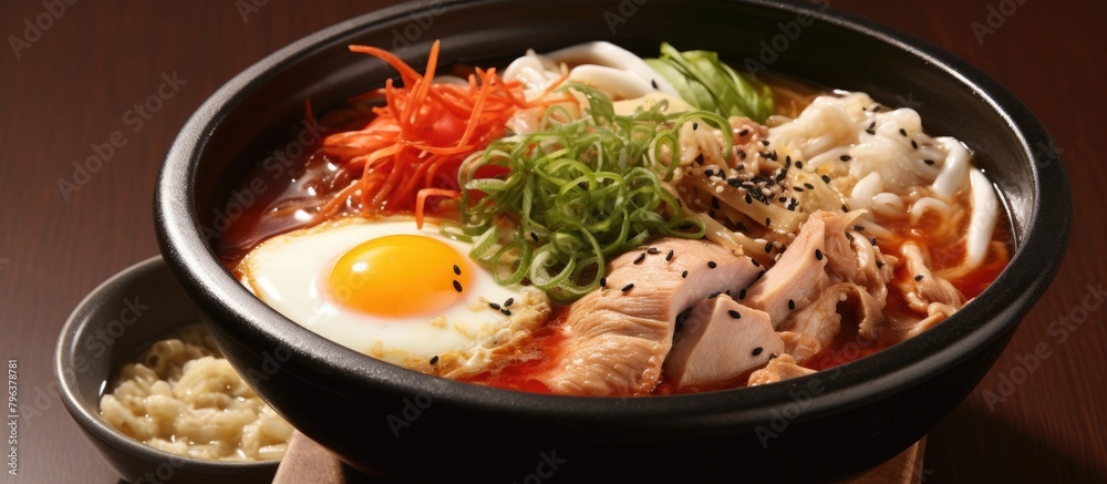Bowl of food with meat, noodles, and egg