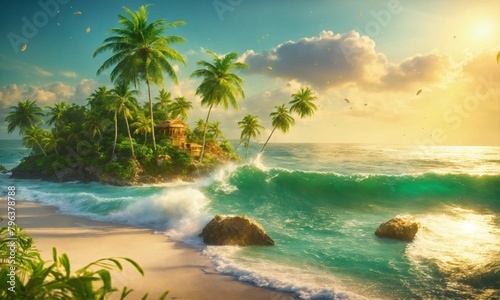 Ocean,Treasures, Island , Tropic Beach , waves , green palms , gemstones , gold , coins , jews , 4k ,full HD , realistic