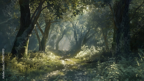 A Tranquil Stroll: Sunlight Dancing Through the Verdant Canopy of an Old Forest © Lora