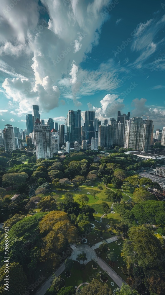 Panoramic view of a city park during the vibrant fall season, colorful foliage contrasting with skyscrapers