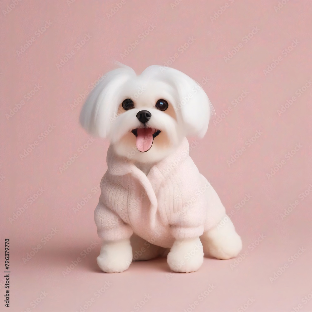 Happy fluffy Maltese dog stuffed toy wear winter cloth, isolated on pastel background Happy fluffy Maltese dog stuffed toy wear winter cloth, isolated on pastel background