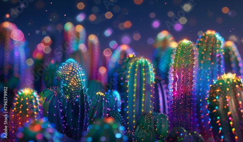 Ilustración cactus iluminados con luces de colores vibrantes photo