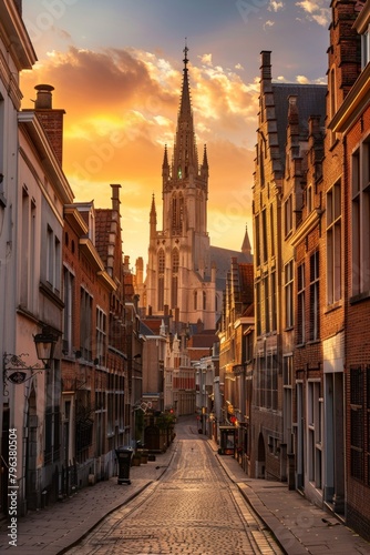 Panoramic view of a historic European city, cobblestone streets, quaint buildings, and a towering cathedral against a sunset sky