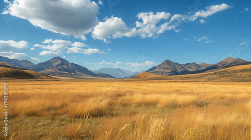 A vast, empty field with mountains in the background photo