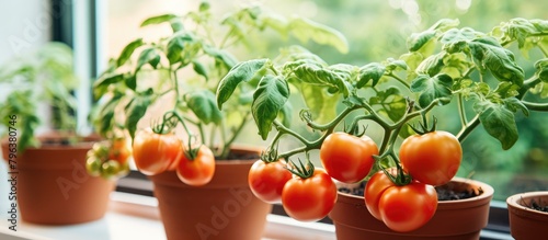 pots of ripe tomatoes on sill