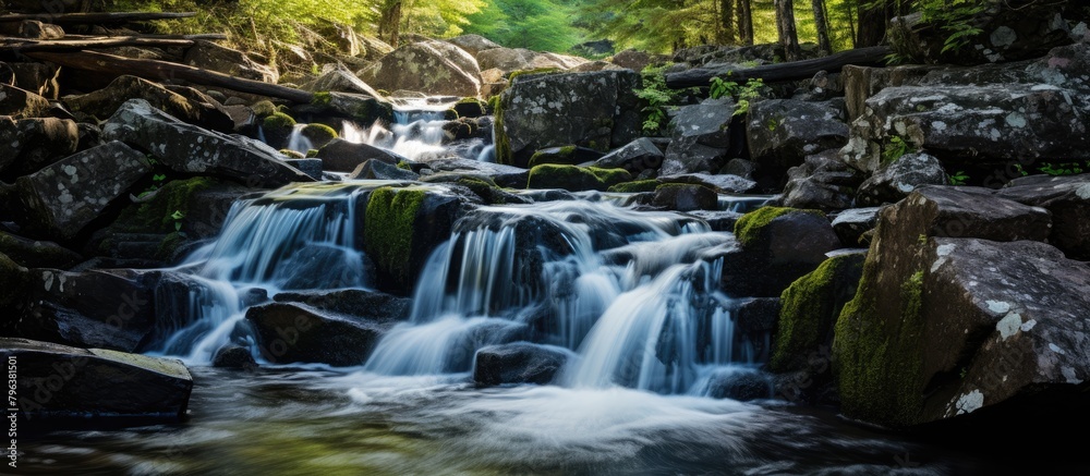 Fototapeta premium Waterfall cascading through forest with rocks and trees