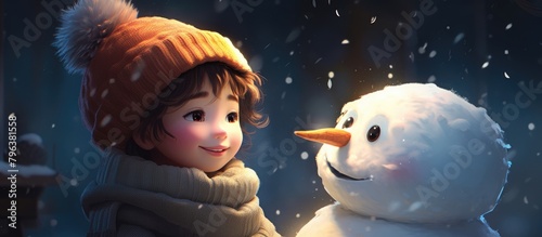 A child stands by a snowman photo