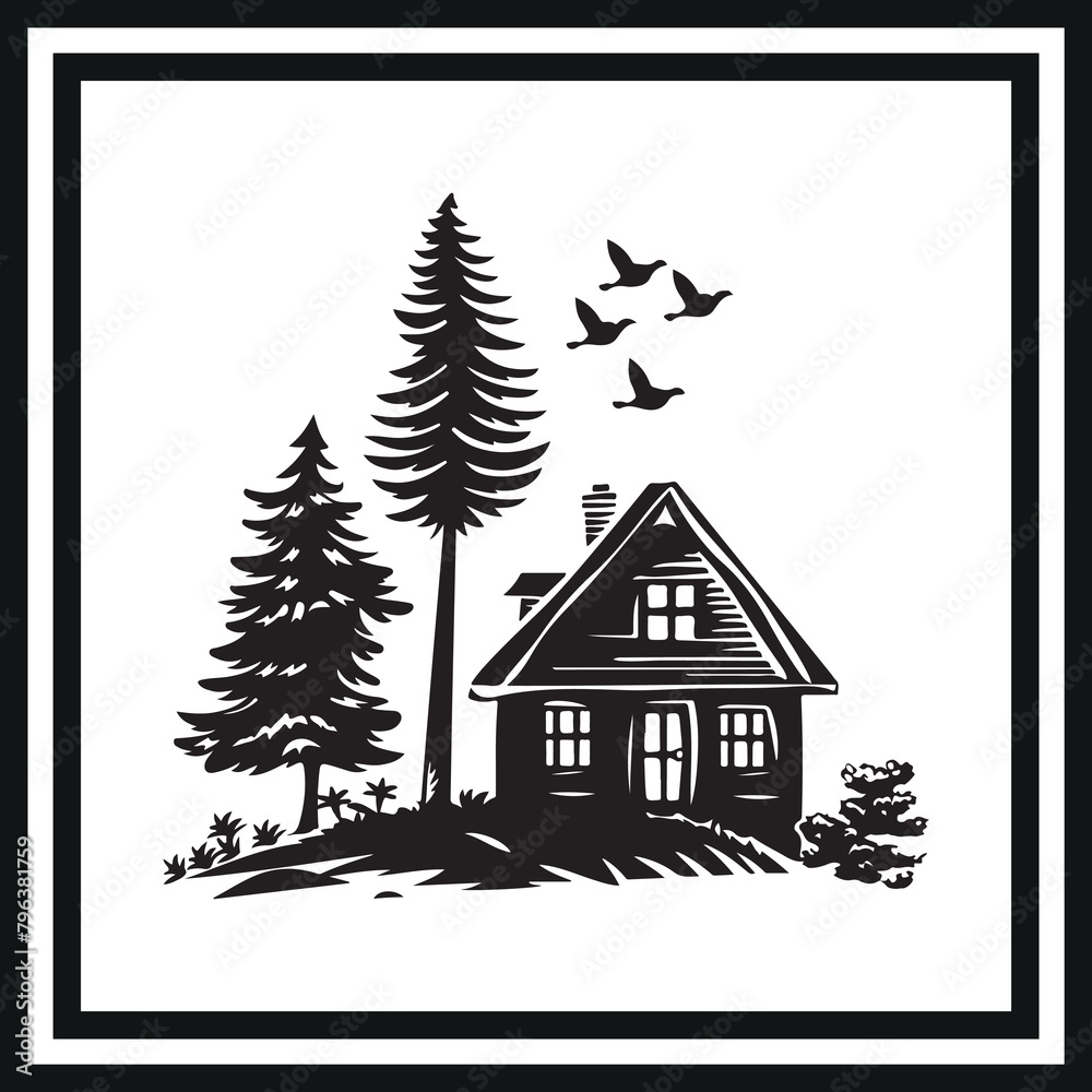 Naklejka premium Rustic cottage silhouette clipart on a white background 