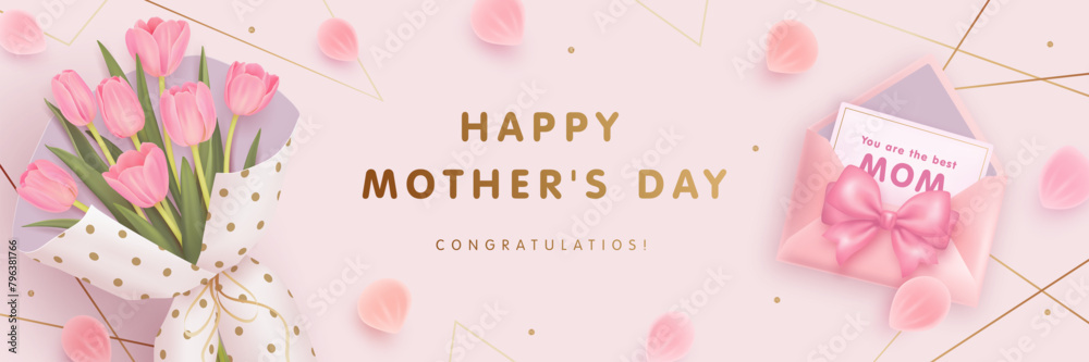 Mothers day horizontal billboard or web banner with realistic 3d pink tulips, envelope and golden text on pink background. Floral festive elegant wallpaper. Vector illustration