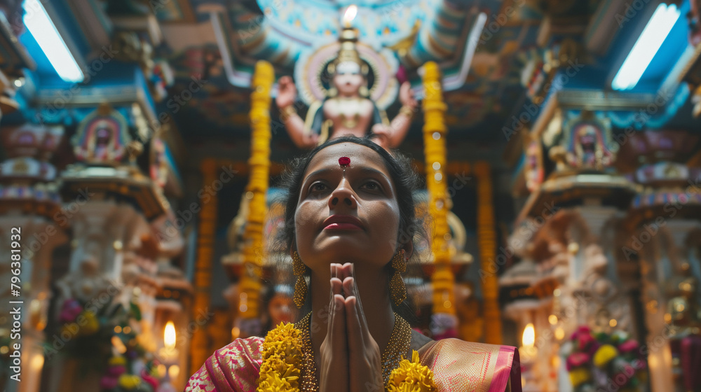 A woman holds an upright position at the Main Festival of Thaipusam inside a majestic Hindu temple, the backdrop is decorated with statues of deities and shining decorations, Ai generated Images