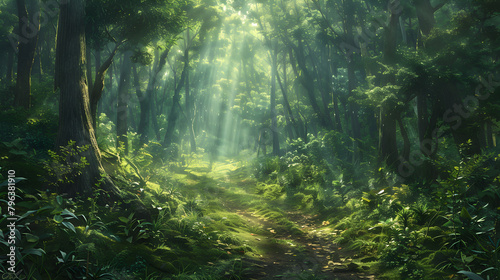 A Tranquil Stroll: Sunlight Dancing Through the Verdant Canopy of an Old Forest