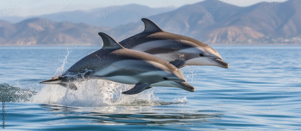 Fototapeta premium Dolphins leaping against mountain backdrop