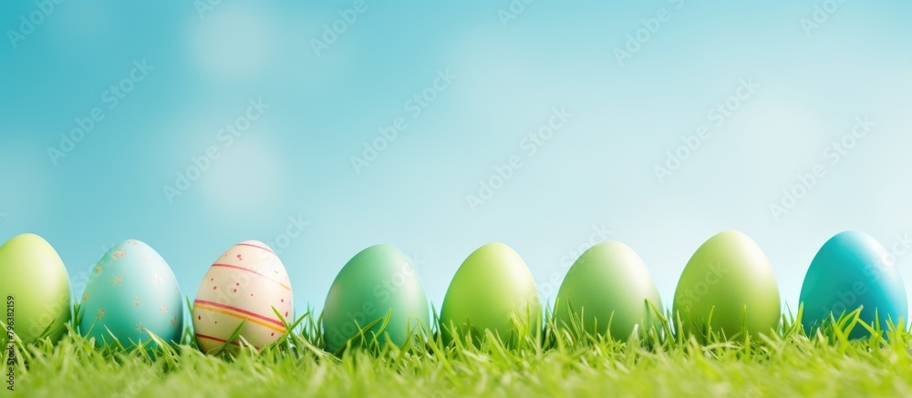 Naklejka premium Colorful eggs displayed on grass under blue sky