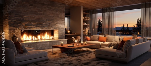 Living room with cozy fireplace, couch, and table photo