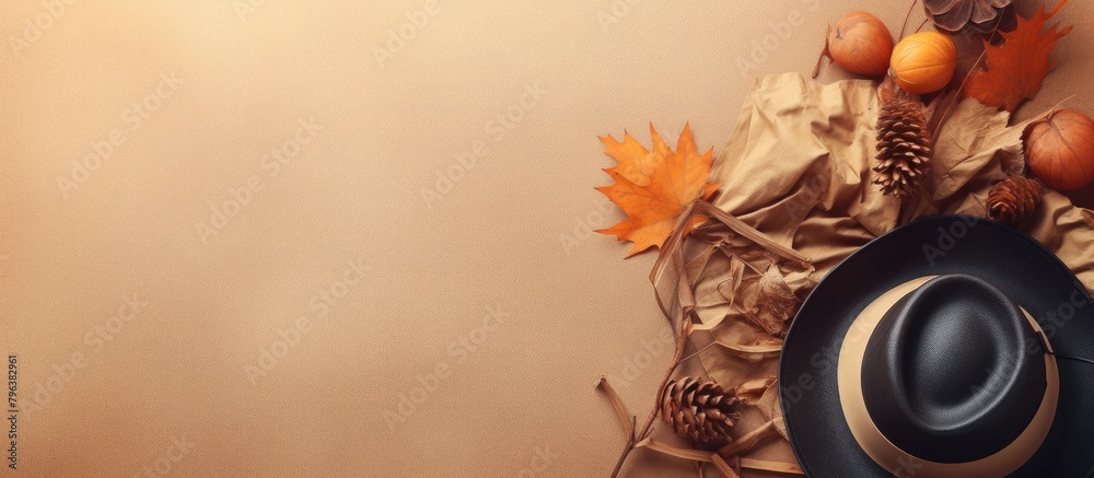 Naklejka premium Hat, pumpkins, autumn decorations closeup