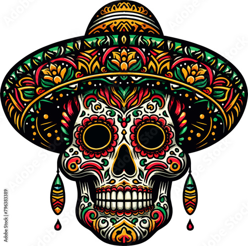Vibrant Calavera: A Mexican Skull Illustration with Transparent Background