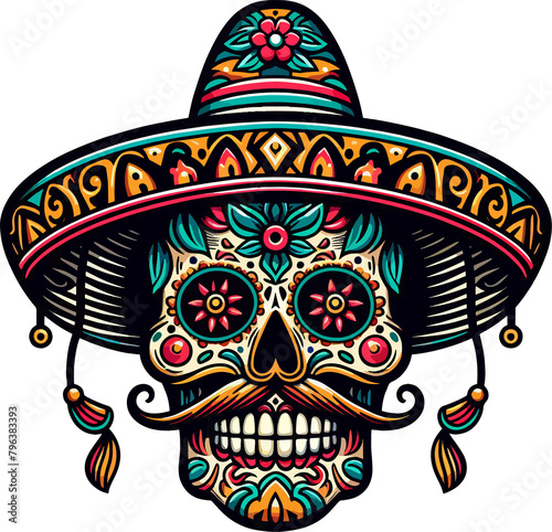Vibrant Calavera: A Mexican Skull Illustration with Transparent Background
