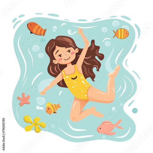 Cute little girl jumping in the sea water. Vector illustration.