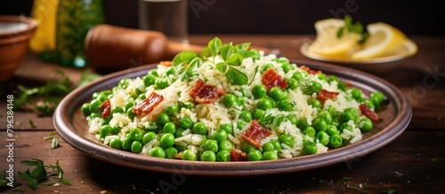 Close-up plate rice peas bacon