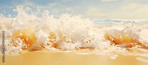 Wave crashes beach with blue sky background photo