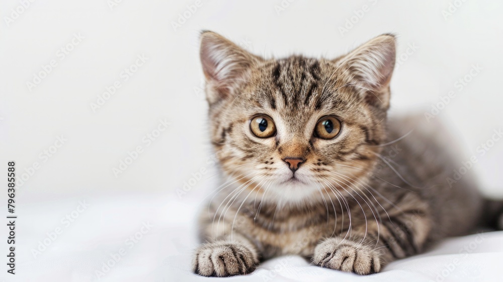 Cute Scottish fold cat with striking black stripes on a white backdrop AI Generative.