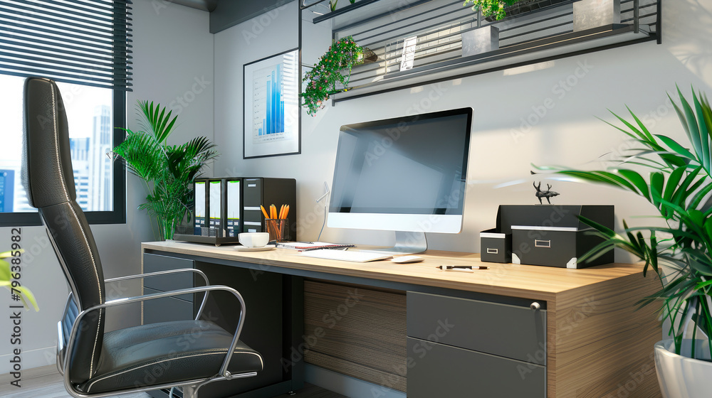 Comfortable workplace with computer in stylish modern office interior. Comfortable workplace with computer in stylish modern office interior.