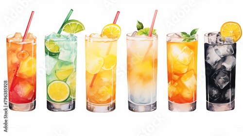 Delightful watercolor artwork showcasing a mix of summer drinks  from zesty lemonade to indulgent iced coffee and festive cocktails  isolated on white