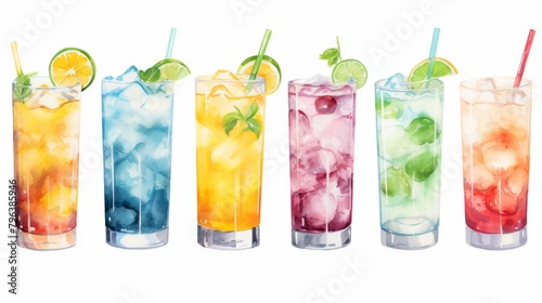 Delightful watercolor artwork showcasing a mix of summer drinks, from zesty lemonade to indulgent iced coffee and festive cocktails, isolated on white