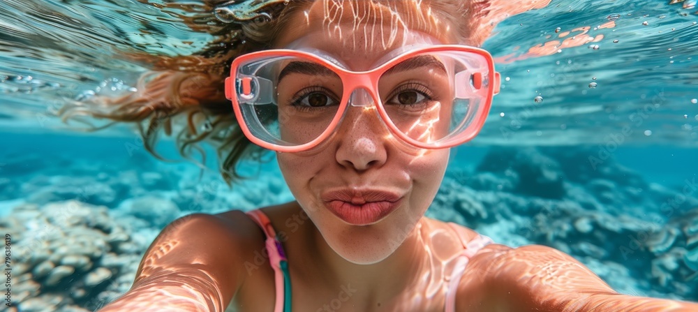 Fototapeta premium Young woman enjoys underwater adventure, swimming in the mesmerizingly clear blue ocean depths