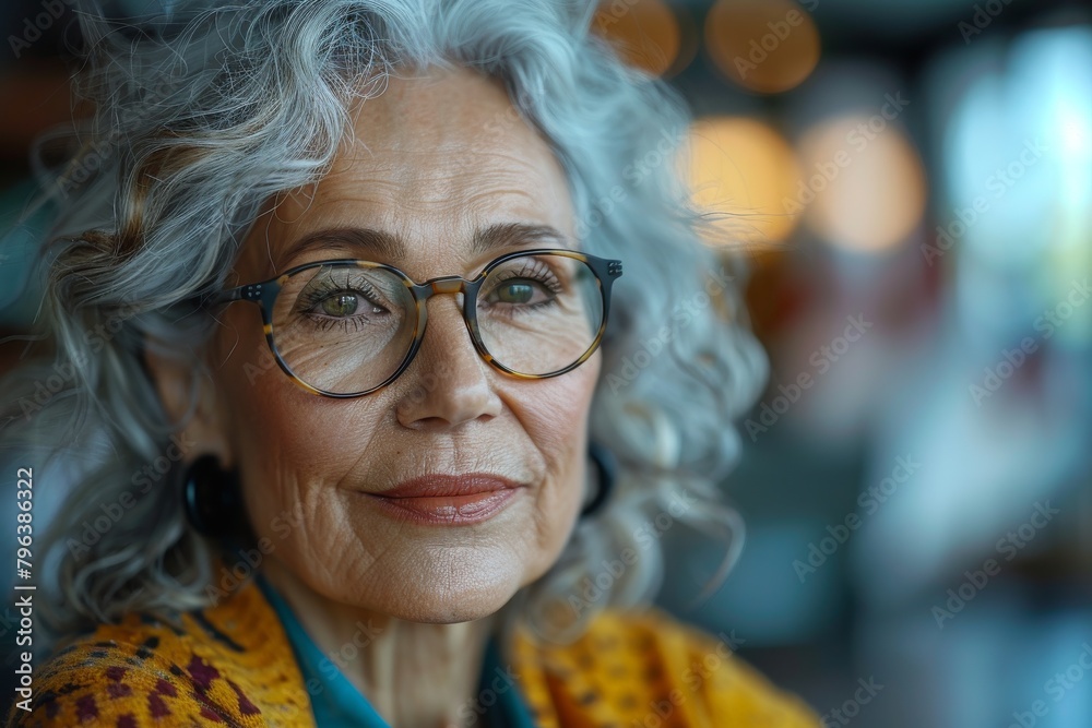 A woman with fashionable spectacles and gray hair exudes confidence and style, with vibrant colors enhancing the frame A woman with fashionable spectacles and gray hair exudes confidence and style, with vibrant colors enhancing the frame