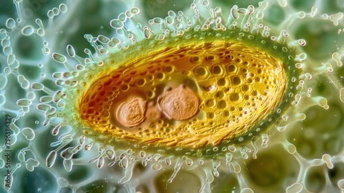 A magnified view of a single stoma revealing its complex internal structure. The guard cells which regulate the opening and closing photo