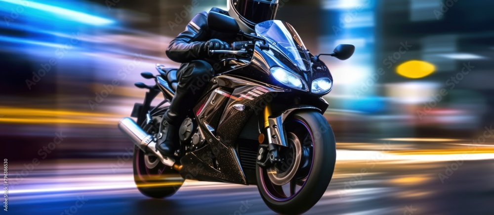 portrait of a motorbike speeding on an urban road at night with dazzling lights portrait of a motorbike speeding on an urban road at night with dazzling lights
