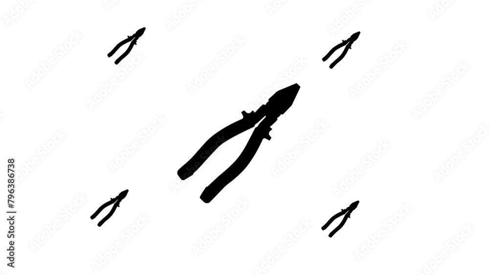 Zoom in and out animation the pliers symbol. Large black symbol in the center and four small symbols around. Seamless looped 4k animation on white background Zoom in and out animation the pliers symbol. Large black symbol in the center and four small symbols around. Seamless looped 4k animation on white background