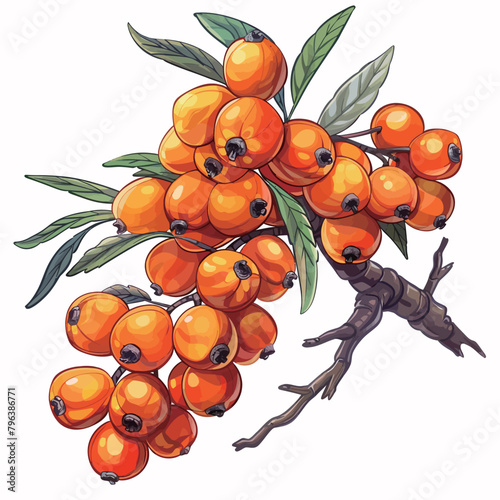 Sea buckthorn branch with ripe berries. Vector hand drawn illustration.